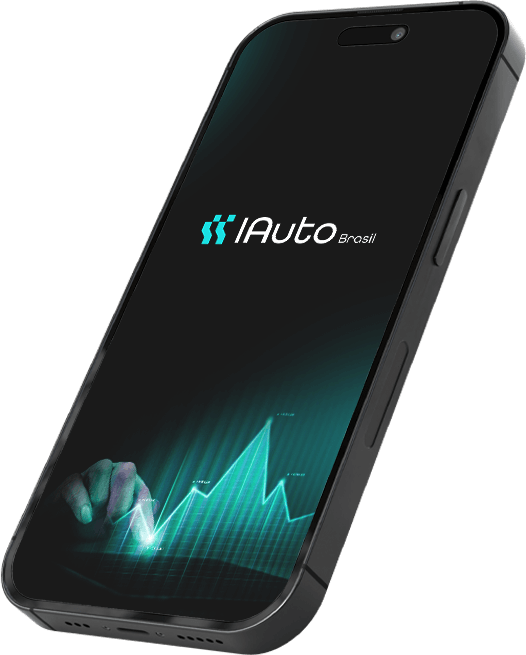Smartphone com logo da IAuto e um gráfico neon