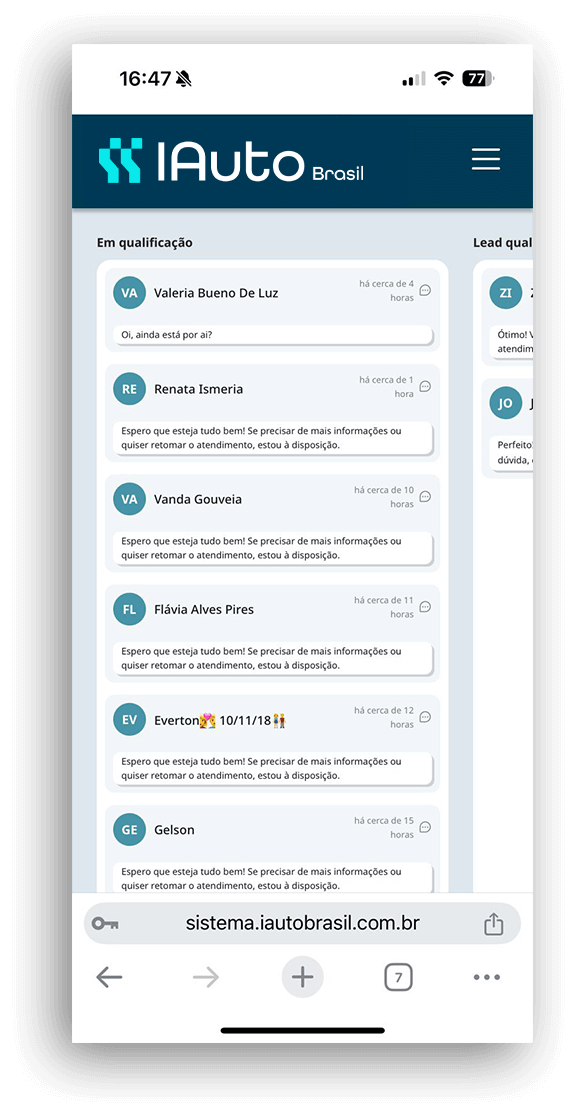 Tela versão mobile do sistema IAuto, Kanban